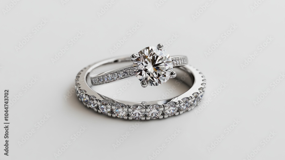 A stunning diamond engagement and wedding ring set displayed on a pure white background. A stunning diamond engagement and wedding ring set displayed on a pure white background.