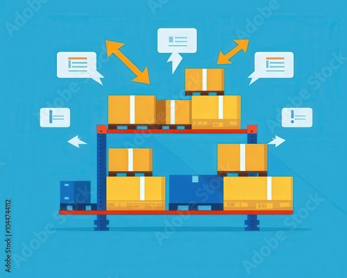 Icon of distribution center with arrows, symbolizing product flow