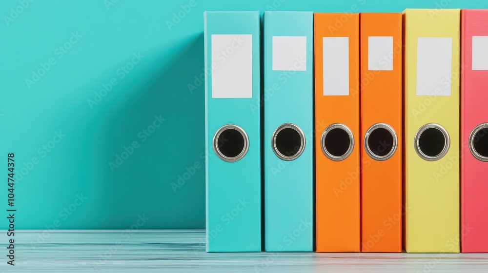 Colorful binders neatly arranged on a blue backdrop, perfect for office organization and creative workspace inspiration. Colorful binders neatly arranged on a blue backdrop, perfect for office organization and creative workspace inspiration.
