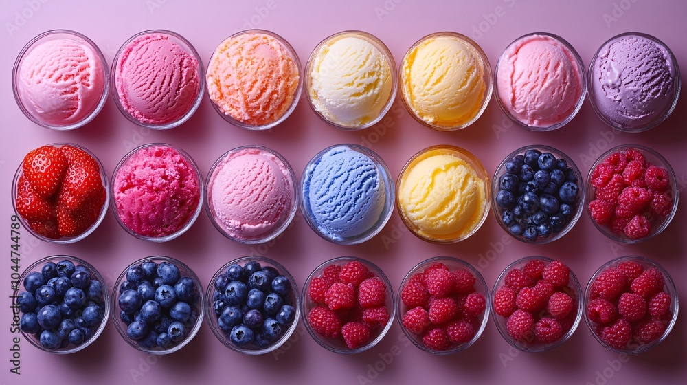 Fototapeta premium Colorful Ice Cream Scoops with Fresh Fruits Displayed