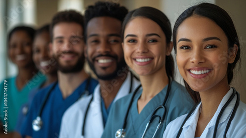 Group of young doctors, students and medical residents standing with their team in hospital hall