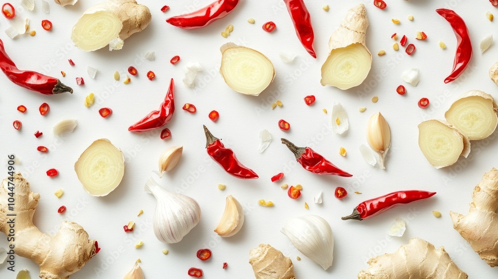 Close-up of fresh ginger, garlic cloves, and red chili peppers scattered on a clean white background. Close-up of fresh ginger, garlic cloves, and red chili peppers scattered on a clean white background.