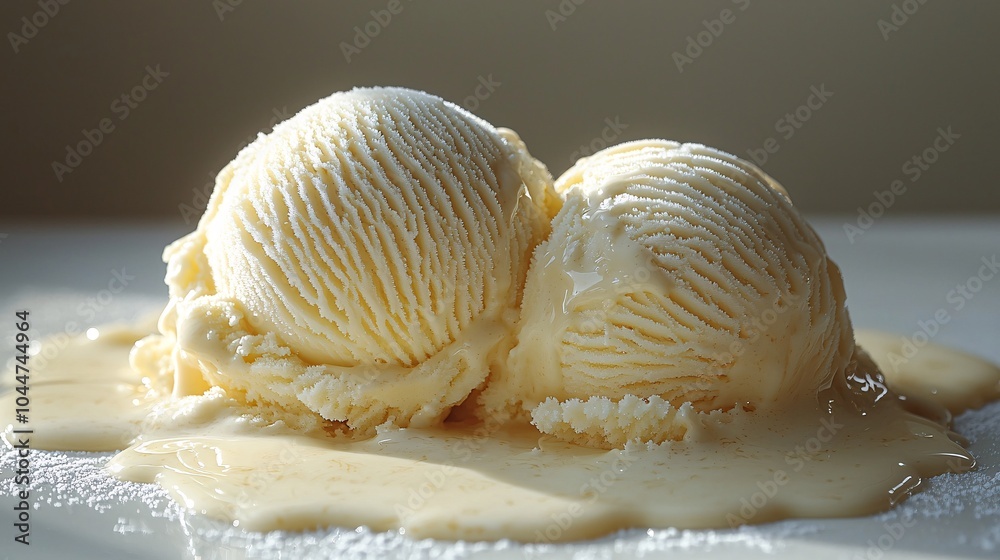 Minimalistic Melting Ice Cream Scoops on White Plate Minimalistic Melting Ice Cream Scoops on White Plate