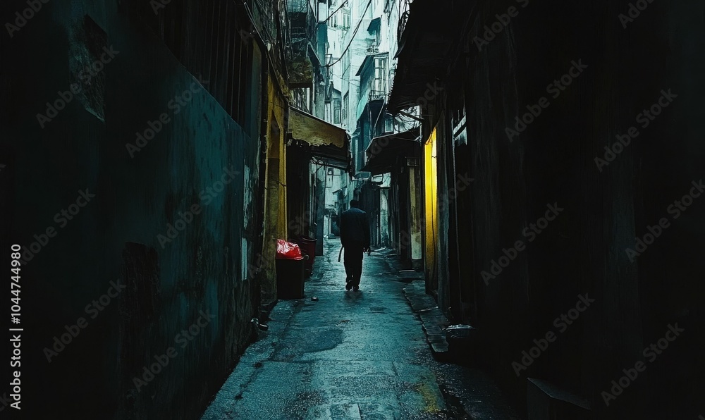 A lone figure walks down a dark alley. A lone figure walks down a dark alley.