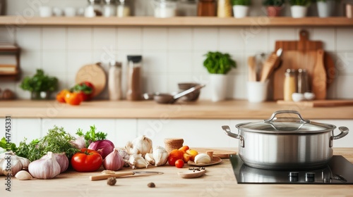 Home kitchen scene with fresh vegetables, herbs, and a pot ready for cooking. Perfect for culinary and lifestyle imagery.