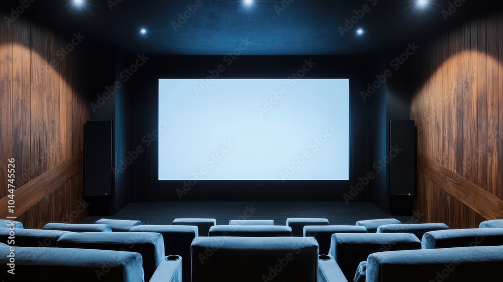 Modern cinema interior with plush seats and a large blank screen, ready for a movie experience in a stylish setting.