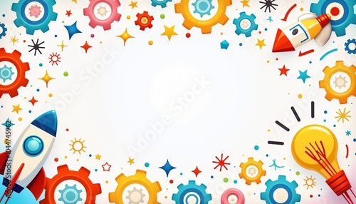 Colorful background, playful mood, featuring gears and rockets, creative idea and invention theme