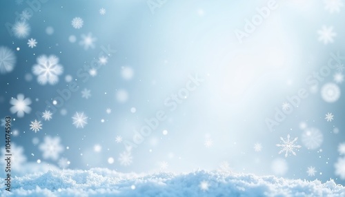 Magical winter scene, tranquil mood, featuring falling snowflakes, soft blue and white backdrop