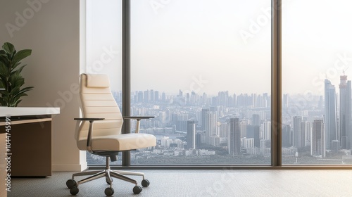 Modern office space with a sleek chair and panoramic city view through large windows, perfect for inspiring work environments.