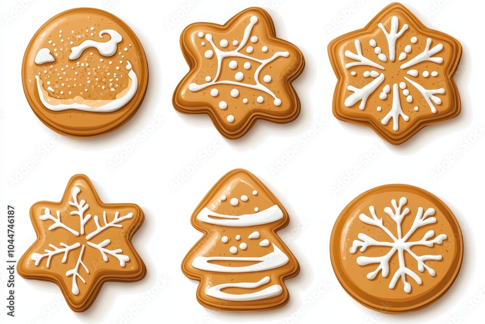 Festive gingerbread cookies in various shapes decorated with icing, perfect for the holiday season Festive gingerbread cookies in various shapes decorated with icing, perfect for the holiday season