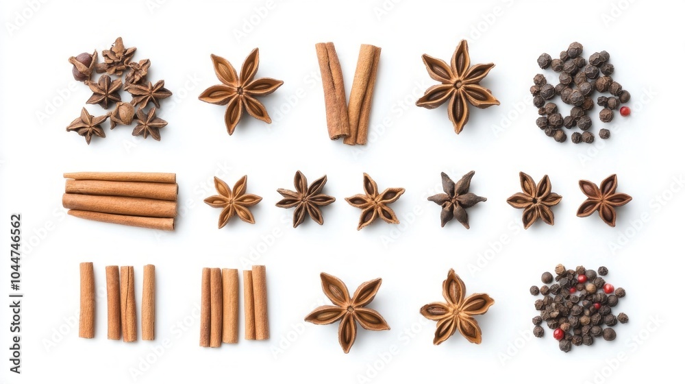 Flat lay of essential Asian spices including star anise, cinnamon sticks, and Sichuan peppercorns on a white background. Flat lay of essential Asian spices including star anise, cinnamon sticks, and Sichuan peppercorns on a white background.