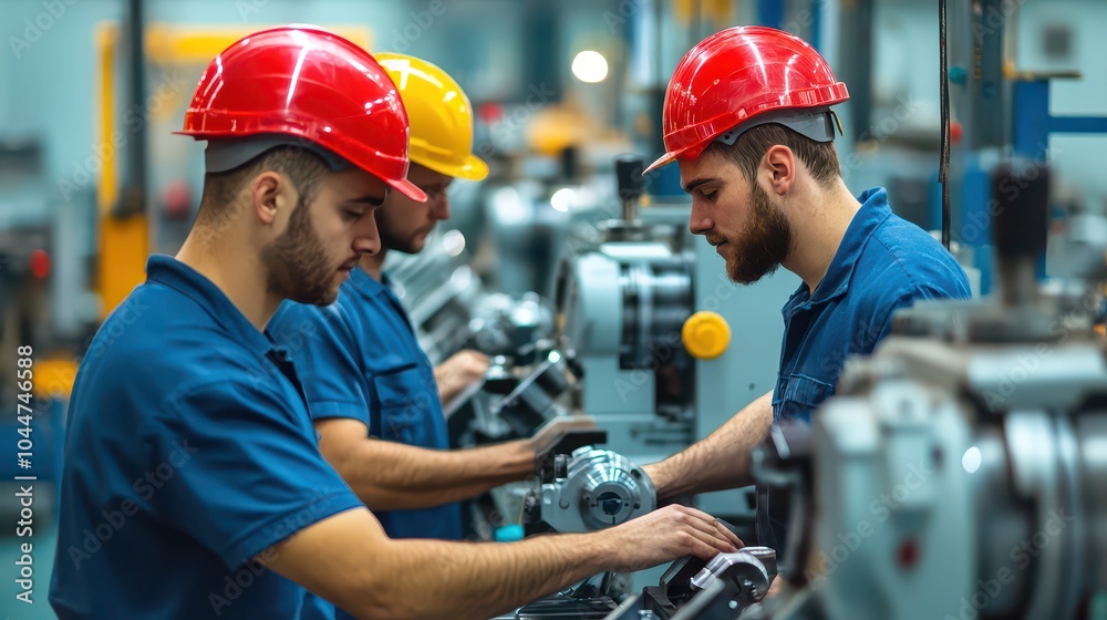 Skilled workers focus on machine assembly with safety helmets in a modern industrial setting. Precision and teamwork are key. Skilled workers focus on machine assembly with safety helmets in a modern industrial setting. Precision and teamwork are key.