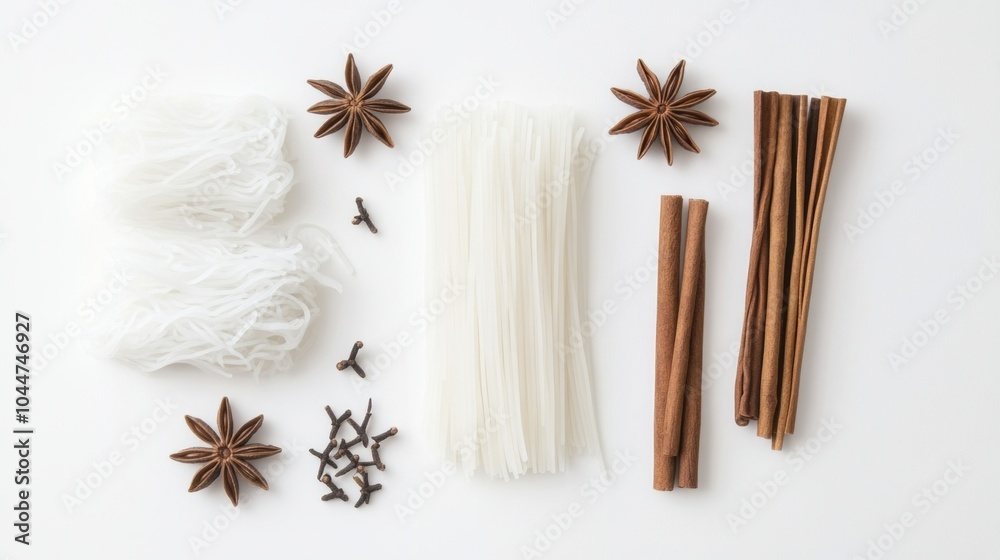 Fototapeta premium Flat lay of essential Asian spices including star anise, cinnamon sticks, and Sichuan peppercorns on a white background.