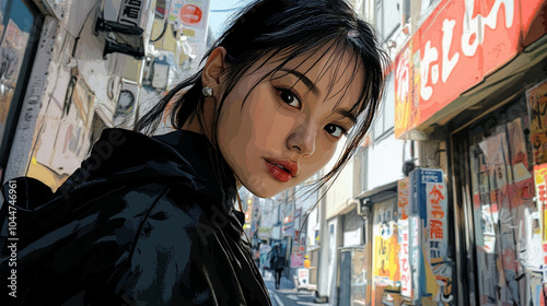 Drawing, graphic novel illustration, black haired japonese teenage girl at Tokyo streets photo