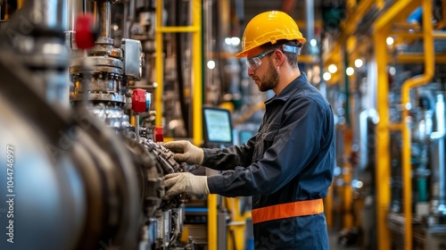 In the plant, a male engineer in a uniform is inspecting a system machine. industrial plant workers.