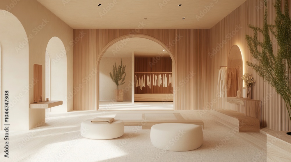 A minimalist fitting room with neutral tones, wooden accents, and simple furnishings. A minimalist fitting room with neutral tones, wooden accents, and simple furnishings.