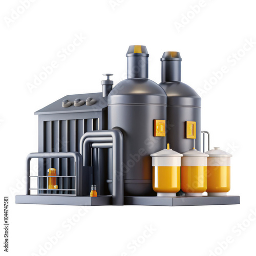 A modern brewery setup featuring large tanks and containers, showcasing an industrial design with gray and yellow coloring. photo