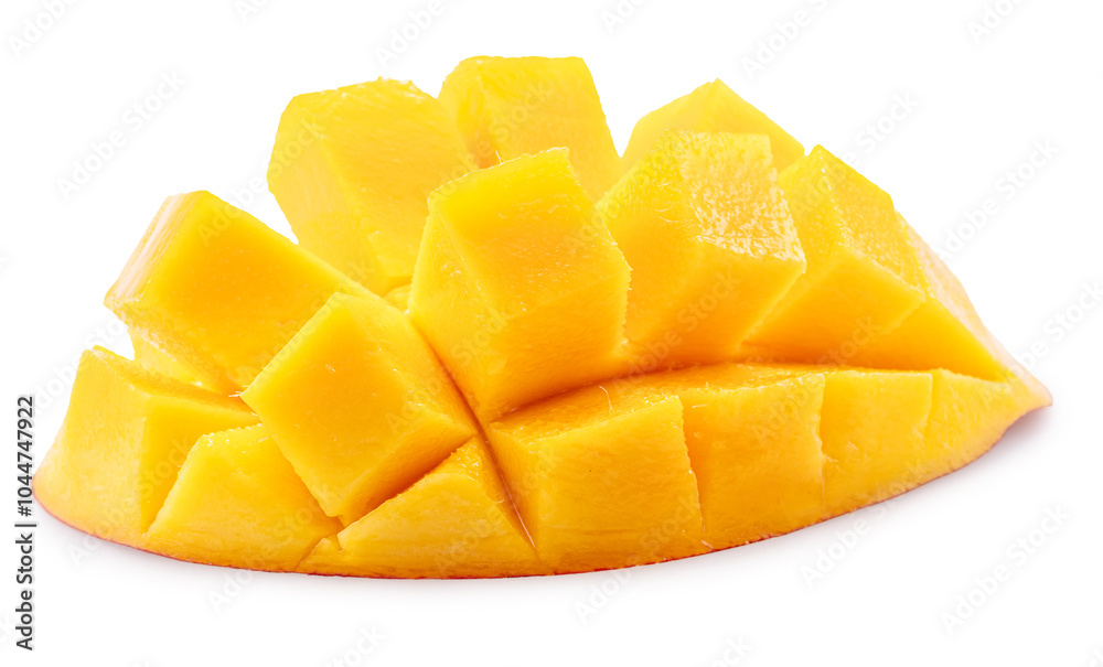 Ripe mango fruit and mango cut into hedgehog-shaped style on white background. File contains clipping path. Ripe mango fruit and mango cut into hedgehog-shaped style on white background. File contains clipping path.