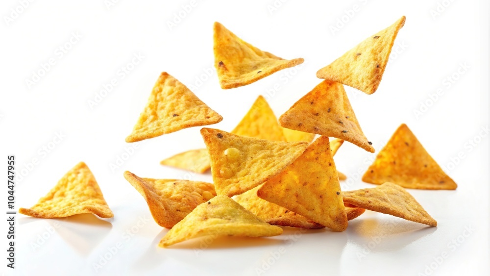 Triangular corn chips levitating on white background Low Angle Triangular corn chips levitating on white background Low Angle