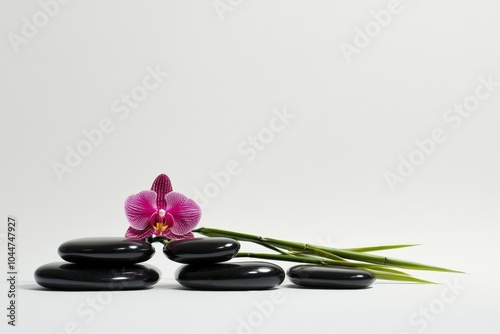 Photo of black Zen stones with pink orchids and green bamboo Isolated on a white background 