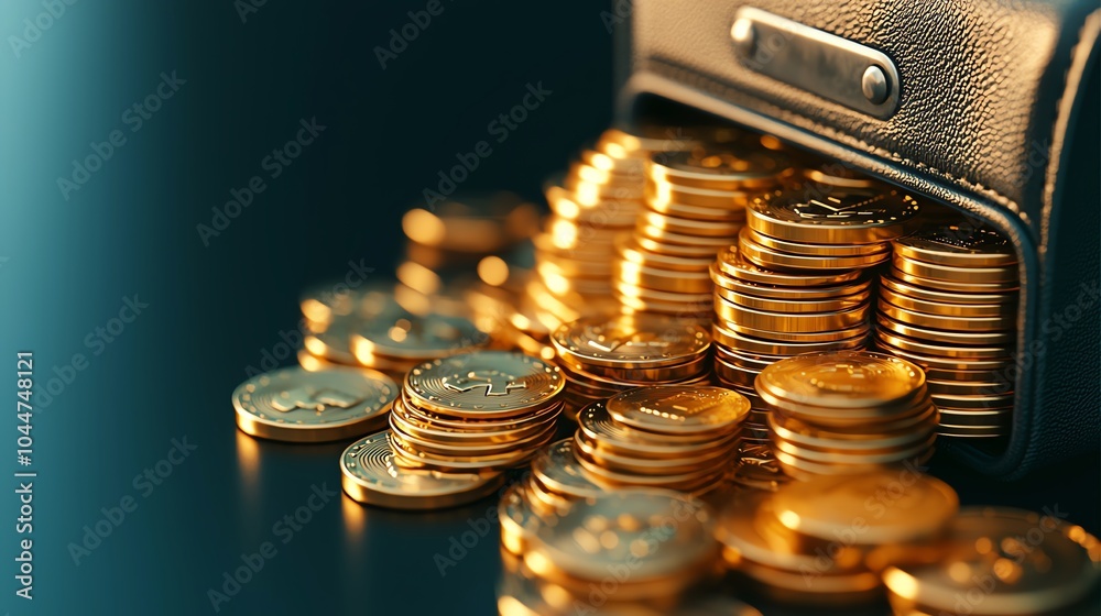 Pay day visual, golden coins spilling out of a wallet, wealth and prosperity, 3D illustration