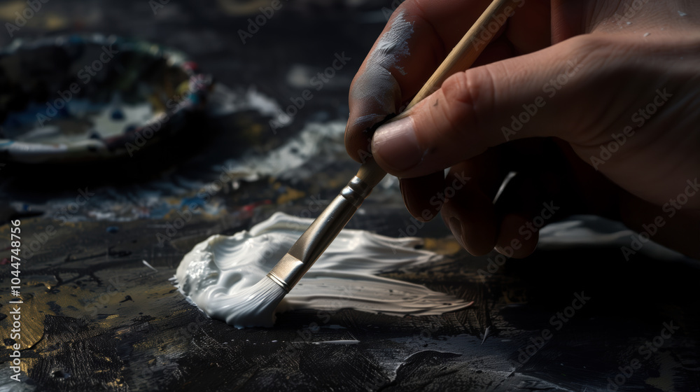 Fototapeta premium Captivating HighResolution Image of Hand with Paint Brush and White Paint in Minimalist Composition