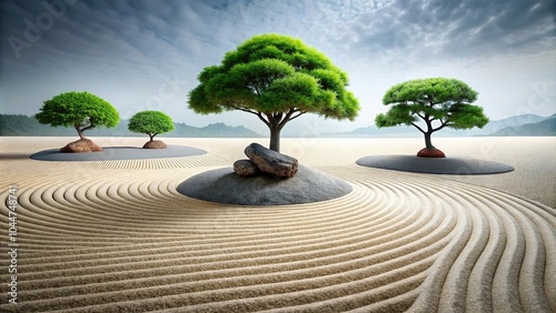 Silhouette of serene zen garden with raked sand dunes subtly undulating like ocean waves and minimalist bonsai islands photo