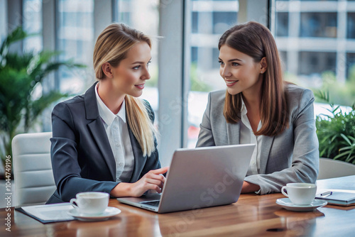 Two business women working together in office, discussing project