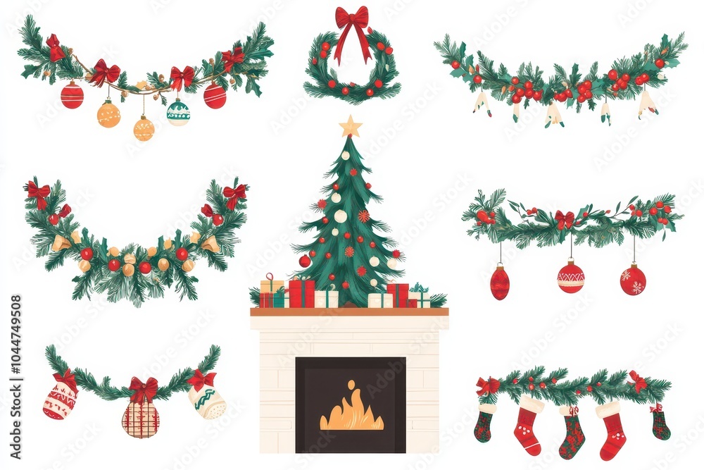 Festive holiday decorations featuring a Christmas tree, wreaths, and mantel garlands with stockings and ornaments Festive holiday decorations featuring a Christmas tree, wreaths, and mantel garlands with stockings and ornaments