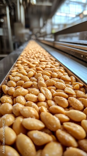 Blanched Marcona almonds on a conveyor.