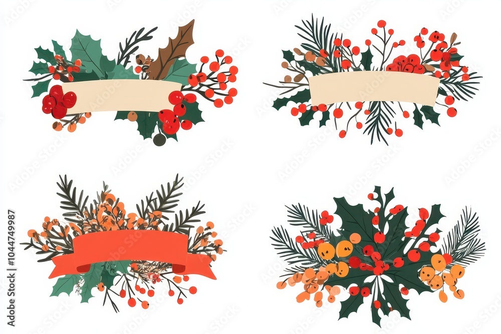 Obraz premium Festive holiday floral arrangements featuring berries and greenery with blank banners for seasonal decorations