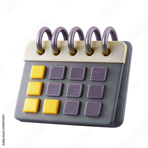 A vibrant 3D calendar icon features rings on top, yellow and purple buttons, designed to represent date selection tools in a colorful way. photo