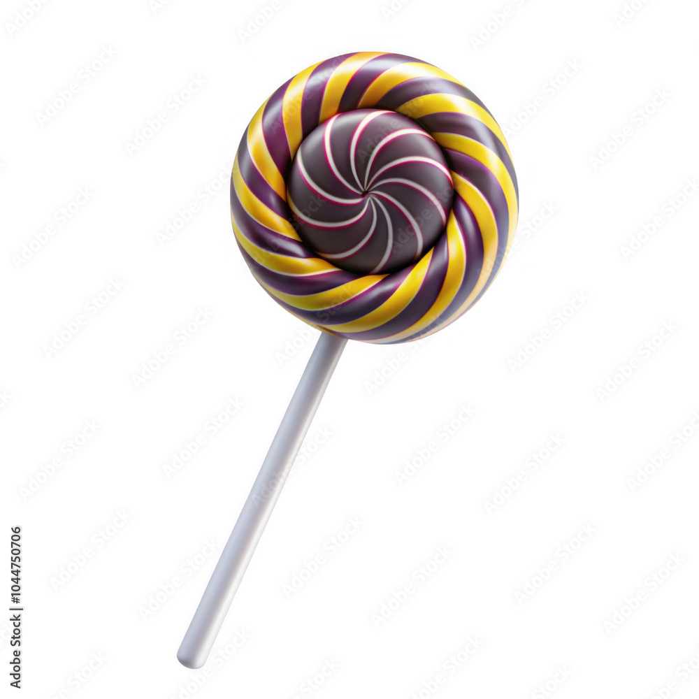 A vibrant, colorful swirl lollipop featuring alternating stripes of yellow and purple with a dark center, on a white stick. A vibrant, colorful swirl lollipop featuring alternating stripes of yellow and purple with a dark center, on a white stick.