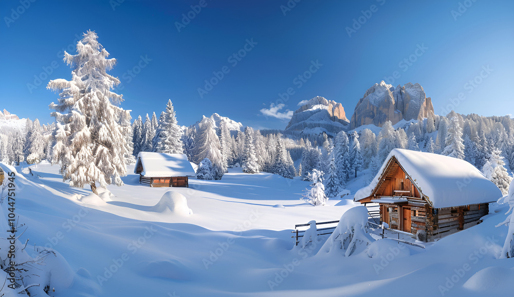 A snowy village scene in the mountain, Generative AI A snowy village scene in the mountain, Generative AI