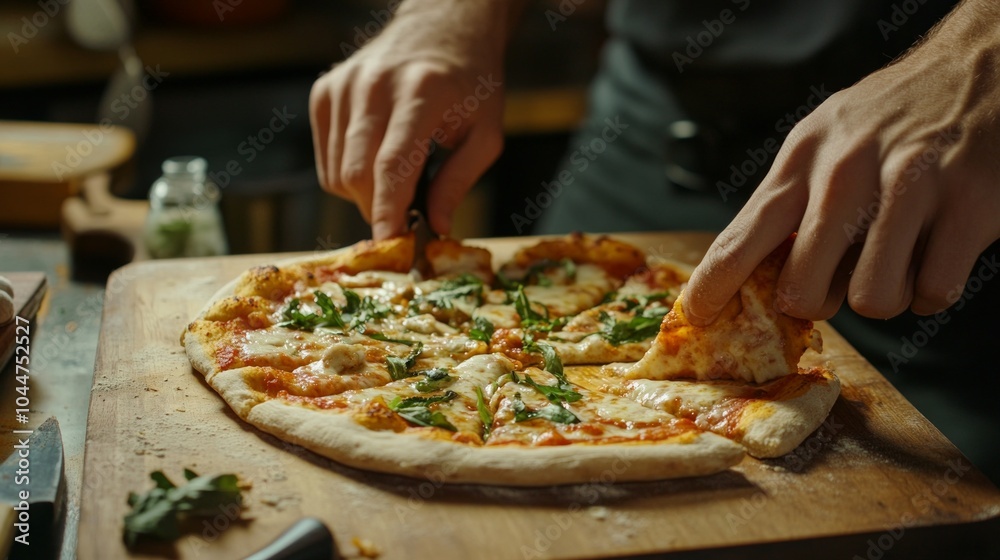 Wide-angle shot of a freshly baked pizza being sliced on a wooden cutting board. Wide-angle shot of a freshly baked pizza being sliced on a wooden cutting board.