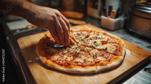 Wide-angle shot of a freshly baked pizza being sliced on a wooden cutting board.