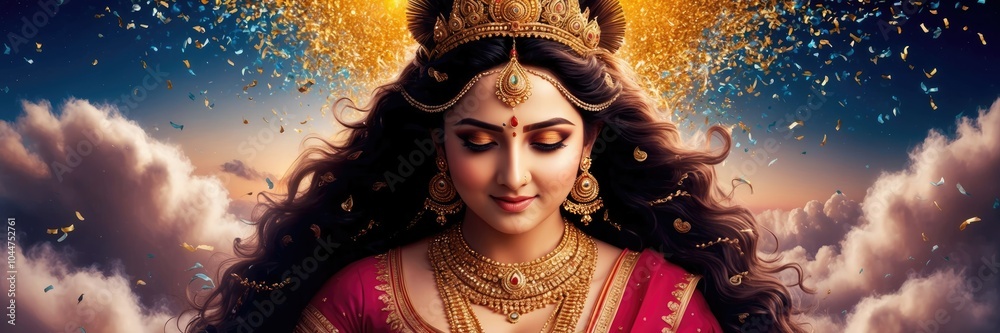 Goddess Lakshmi with gold confetti, symbol of prosperity and light for Diwali celebration in India and Fiji, panoramic banner Goddess Lakshmi with gold confetti, symbol of prosperity and light for Diwali celebration in India and Fiji, panoramic banner