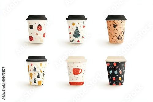 Festively designed coffee cups with winter themes arranged in two rows on a white background photo