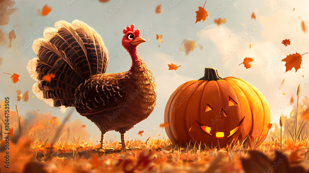 Obraz premium A cartoonish turkey standing next to a large pumpkin in a field, surrounded by falling leaves.