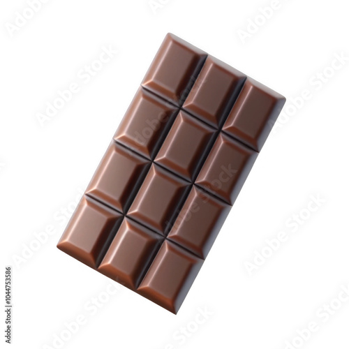 A 3D render of a chocolate bar with a grid of squares, showcasing a rich brown color and a glossy surface, isolated on a black background.