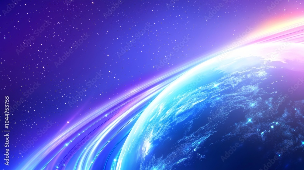 Fototapeta premium Fast global data transfer cybernetic tone with a globe with high-speed light trails around the top view