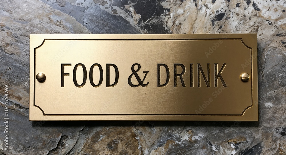 Fototapeta premium Food and Drink engraved text on gold name plate sign