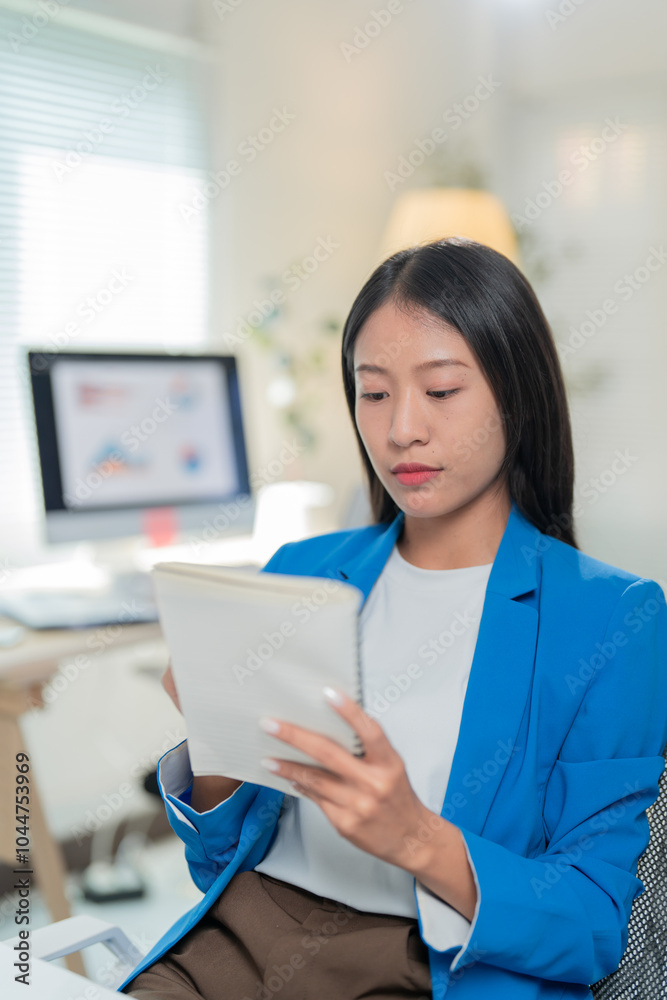 Young female professional is sitting at her desk taking notes in a notebook while reviewing data on her computer screen Young female professional is sitting at her desk taking notes in a notebook while reviewing data on her computer screen
