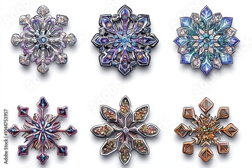 Intricate decorative snowflake brooches displayed on a white background showcasing various colors and designs