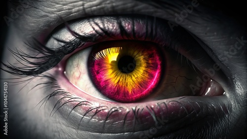 Alien Pinkeye with Yellow Ring - Silhouette Photography of a Cosmic Eye with Bloody Red and Intriguing Yellow Aura for Sci-Fi and Fantasy Imagery