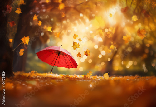 Wallpaper Mural A red umbrella sits in a forest as leaves fall from trees in the background. Torontodigital.ca