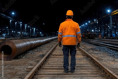 Nighttime railworker in safety gear at industrial site