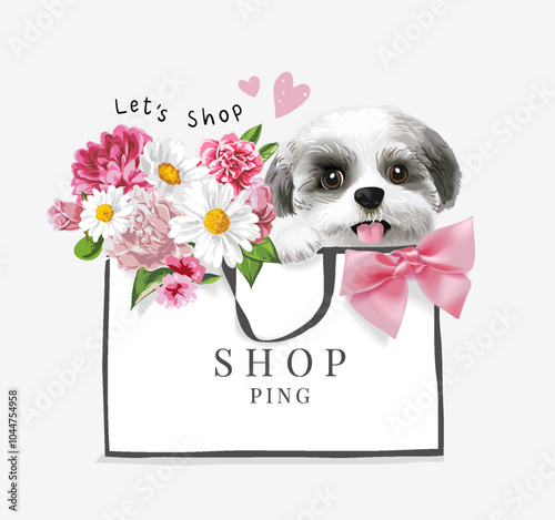 cute shizhu puppy and colorful flower bouquet in shopping bag vector illustration