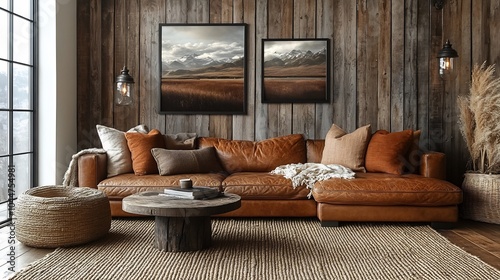 Cozy farmhousestyle living room with a large brown leather sofa distressed wooden coffee table and a woven jute rug The walls are adorned with rustic framed prints and antique finds photo