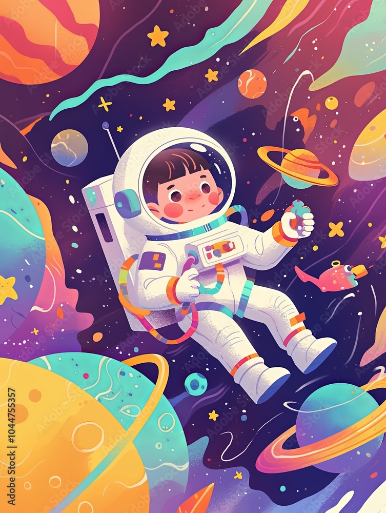Cute Astronaut in Space with Planets and Stars Cartoon Illustration Cute Astronaut in Space with Planets and Stars Cartoon Illustration